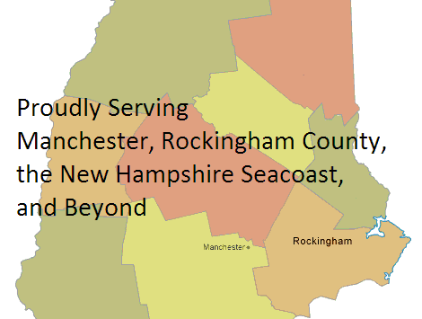 A map of New Hampshire with a text overlay reading: Proudly Serving Manchester, Rockingham County, the New Hampshire Seacoast, and Beyond.