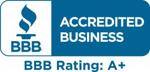 Badge from the BBB reading: BBB Accredited Business. BBB Rating: A+